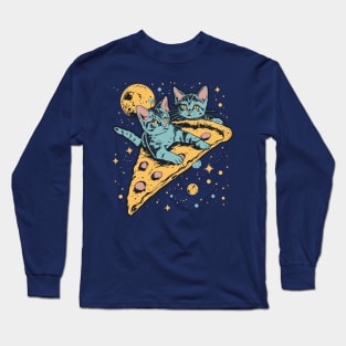 Retro futuristic cats on pizzas in space Long Sleeve T-Shirt